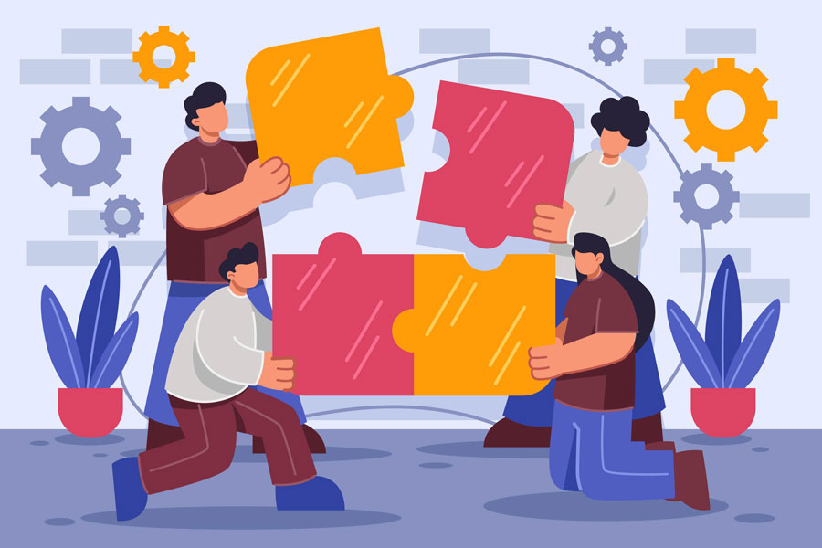 Grafika przedstawiająca ludzi trzymające kolorowe puzzle, które składaja w jedną całość.