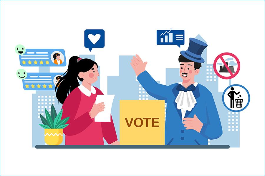 Grafika, na której widać dwie osoby stojące przy żółtej skrzynce z napisem „VOTE”. Jedna osoba trzyma kartkę, a druga unosi rękę w geście zachęty. W tle znajdują się ikony: serce w dymku, wykres słupkowy, znak zakazu wyrzucania śmieci oraz symbol segregacji odpadów. Po lewej stronie widoczne są komentarze z gwiazdkami i emotikonami oraz zielona roślina w doniczce. Tło przedstawia sylwetki wysokich budynków w jasnych odcieniach.