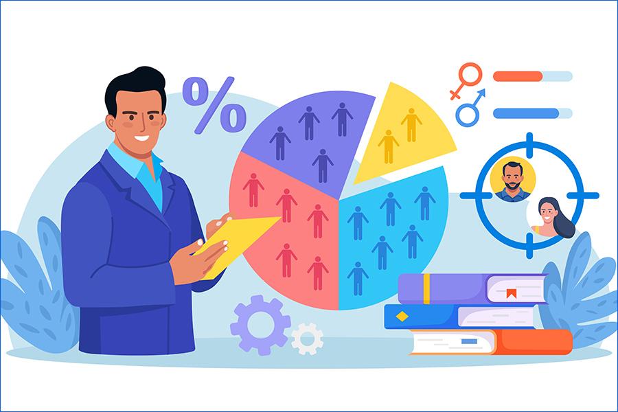 Grafika, na której widać osobę stojącą z żółtym tabletem w dłoniach. Obok znajduje się duży wykres kołowy podzielony na cztery kolorowe segmenty z ikonami sylwetek, symbolizujący analizę danych demograficznych. W tle widoczne są symbole procentów, ikony płci oraz dwa zdjęcia w celowniku, sugerujące selekcję kandydatów. Na dole leżą stosy książek i zębate koła, co podkreśla temat analizy i planowania.