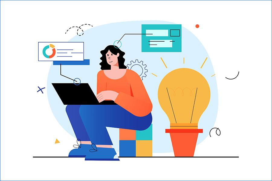 Na ilustracji widać osobę siedzącą z laptopem na kolanach. Osoba ma na sobie pomarańczową bluzkę i niebieskie spodnie, a obok niej stoi duża żółta żarówka, symbolizująca pomysł. W tle znajdują się kolorowe elementy graficzne, w tym wykres kołowy, prostokątne okna interfejsu oraz zarys koła zębatki. Całość jest utrzymana w jasnej, minimalistycznej stylistyce z białym tłem i kolorowymi akcentami.