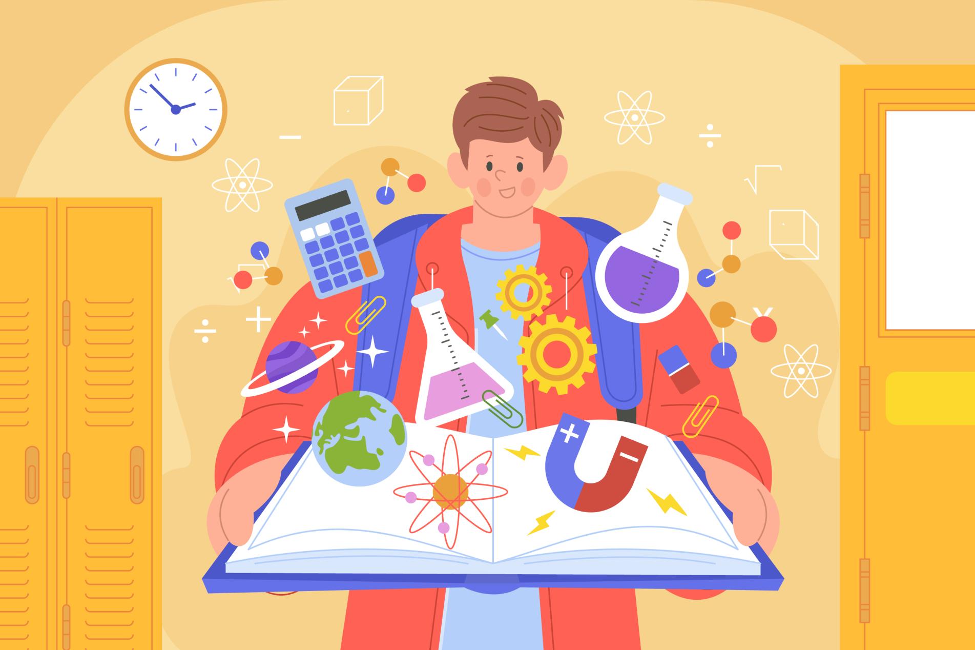 Żółte tło, student z mnóstwem pomysłów